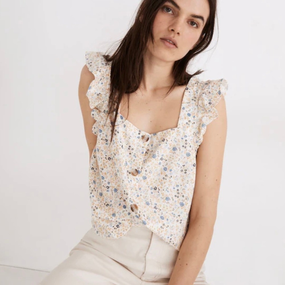 Madewell Linen-Blend Ruffle Strap Button Up Top S Folkmagic Floral Fairy Goblin - Picture 1 of 10